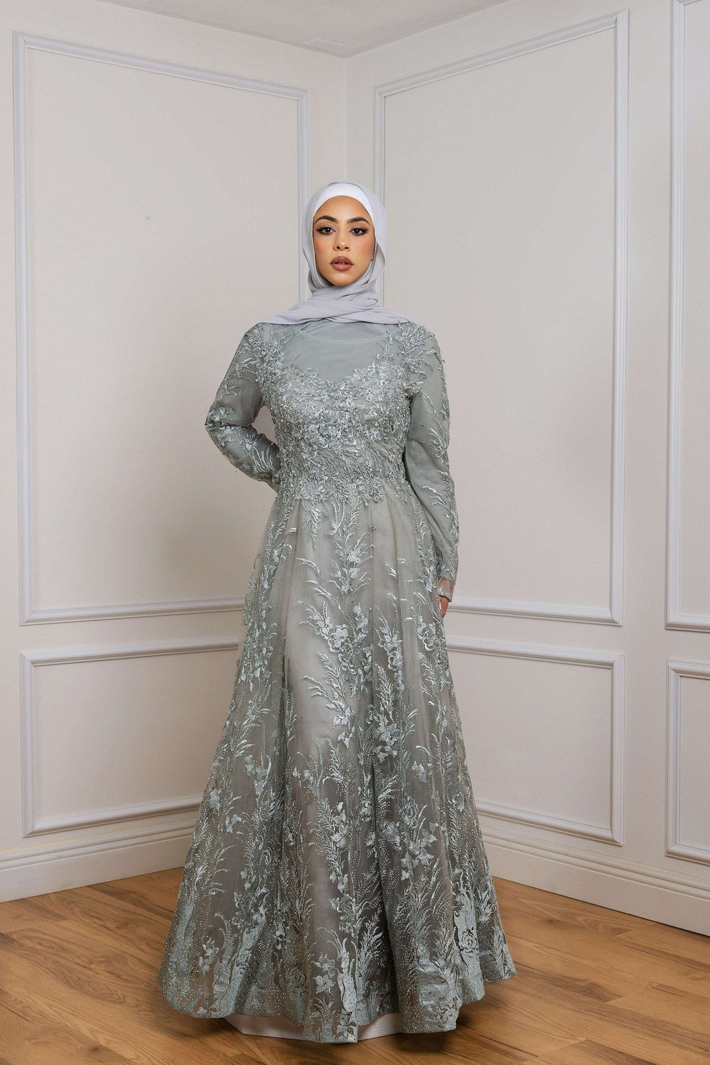 Evening Hijab Dress | Floral A-Line Evening Dress | Hayaniq Evening Hijab Dress | Floral A-Line Evening Dress | Hayaniq